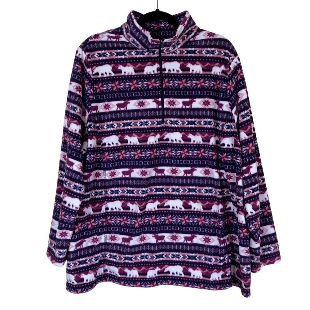 Lands End Womens 2X Fair Isle 1/4 Zip Fleece Sweater Fair Isle Moose Bear Pink